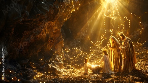 Golden light from the manger illuminating the three kings as they present gifts to baby Jesus, serene and peaceful night