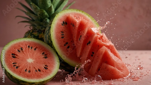 Splash of watermelon and pineapple, capturing a fruity tropical burst. photo