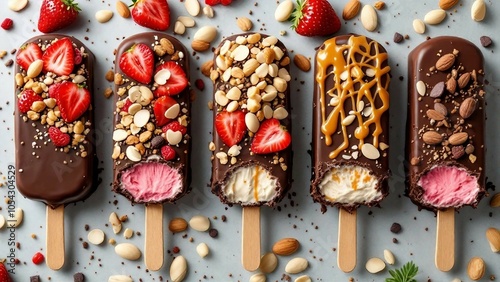 Gourmet chocolate popsicles with nuts and berries photo