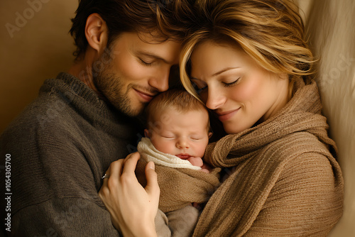 The heartwarming image shows a young couple, a man and a woman, embracing their newborn baby in their arms with love and tendernes photo