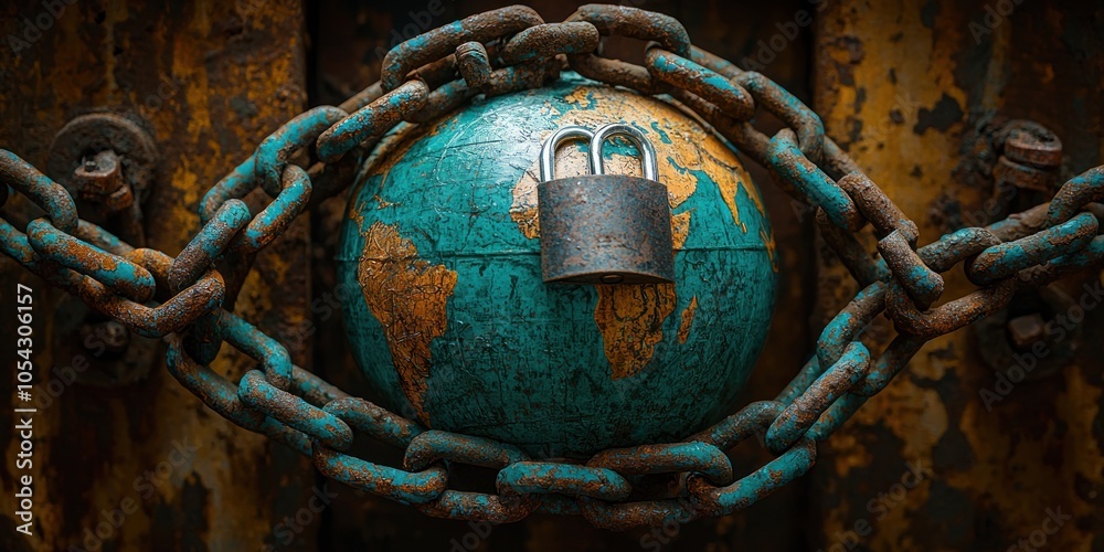 Fototapeta premium A Rusty Chain Encircles a Globe, Symbolizing Global Constraint