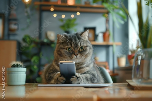 A cat sits in an office and stares at a smartphone screen