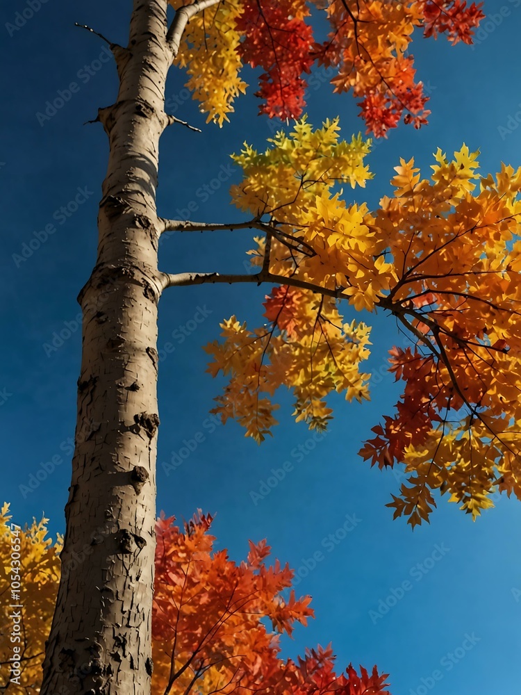Fototapeta premium Vibrant autumn tree against a blue sky with colorful foliage.