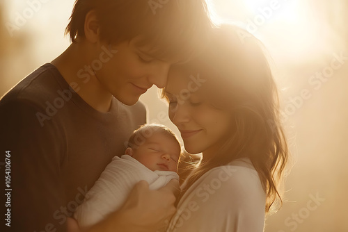 The heartwarming image shows a young couple, a man and a woman, embracing their newborn baby in their arms with love and tendernes photo