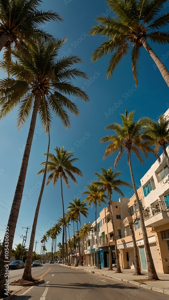 Obraz premium Video of a street lined with palm trees under a blue sky.