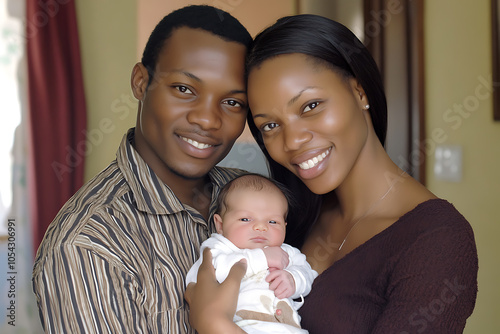 The heartwarming image shows a young couple, a man and a woman, embracing their newborn baby in their arms with love and tendernes photo