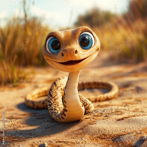 Adorable animated snake character with bright cheerful expression basking in warm desert sunlight