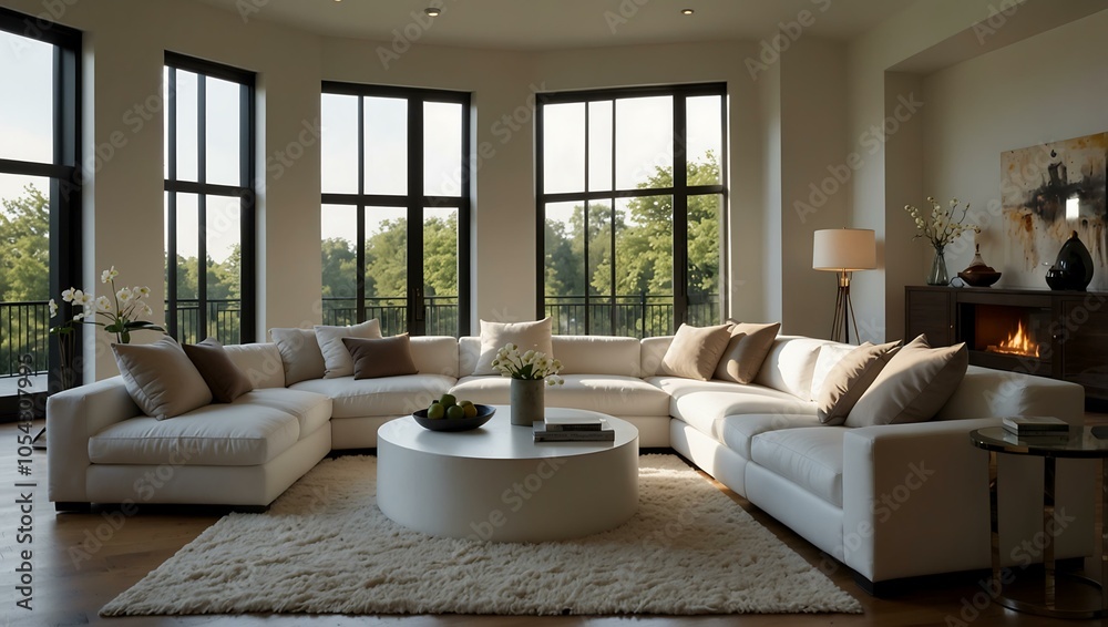 Fototapeta premium White sectional sofa with plush cushions and large windows.