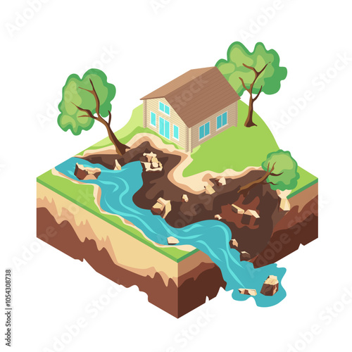 Cartoon Color Mudflow 3d Isometric View Natural Disaster Concept. Vector illustration of Landslide, Mud Stream and House Building
