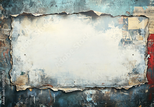 Close-up of torn, peeling paper revealing faded, colorful posters beneath on a grungy, weathered wall, evoking urban decay and nostalgia.
 photo