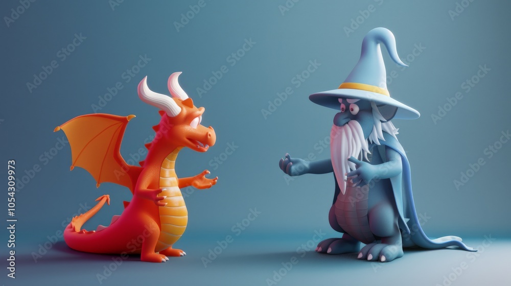 Fototapeta premium Rendering of a dragon and a wizard in discussion flat design front view mystical conversation theme 3D render Split-complementary color scheme