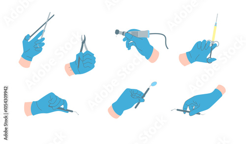 Cartoon Color Doctors Different Hands Gestures Set Concept Flat Design Style. Vector illustration of Hand in Blue Gloves Holding Medical Instruments