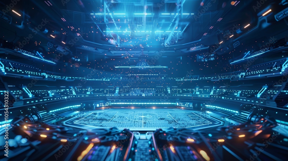 Obraz premium Empty futuristic cyber stadium with glowing blue lights and digital effects hosting a virtual game championship, creating an immersive atmosphere of advanced technology and competition
