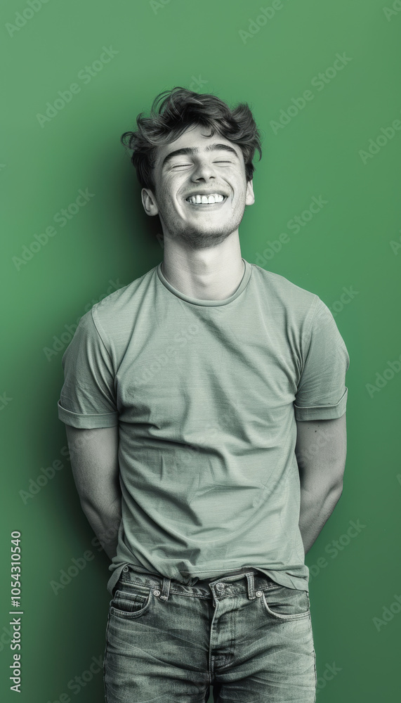 Fototapeta premium Joyful Young Man with Energetic Smile Against Vibrant Green Background for Positive Vibes