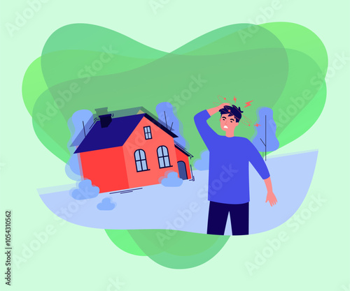 Man feeling disoriented near big house in street. Vector illustration. Vertigo sensation, dizziness, vestibular disorder concept