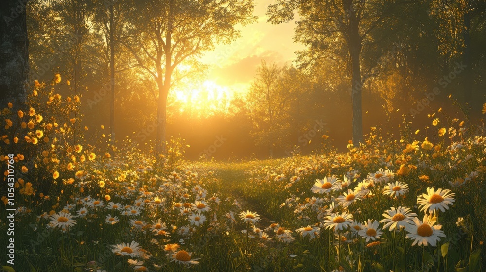 Obraz premium Stunning Golden Hour Over a Meadow Filled with Vibrant Wildflowers, Perfect for Nature and Outdoors Themes