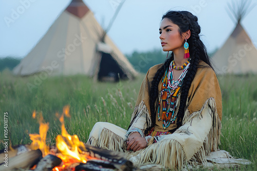 A young Native American woman in traditional attire sitting by a campfire near teepees at dusk photo