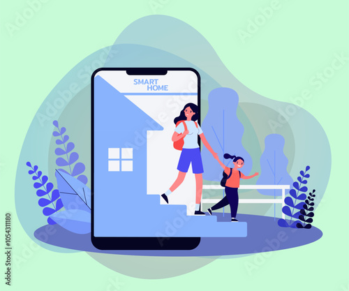 Phone with smart home application vector illustration. Drawing of woman and daughter coming out of screen. Smart home, modern technology concept