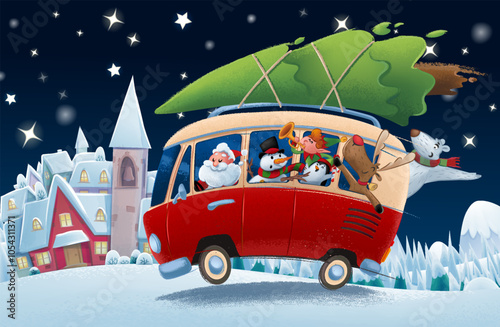santa claus driving a bus in the village christmas illustration