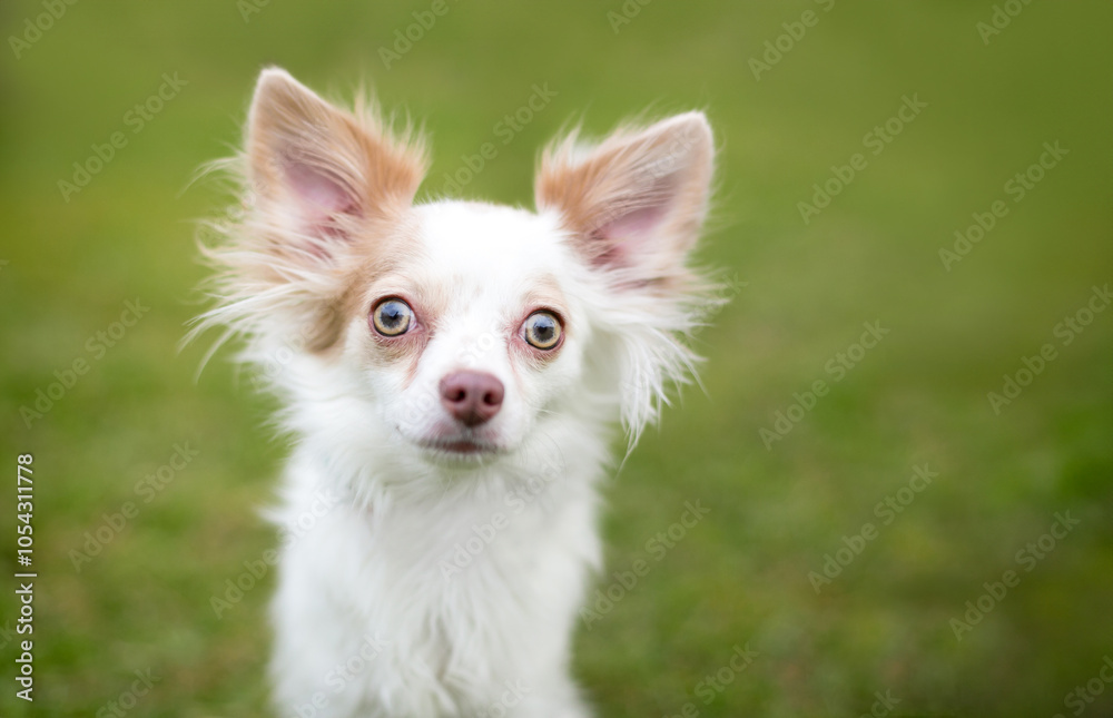 Fototapeta premium A Papillon x Chihuahua mixed breed dog with a wide eyed expression
