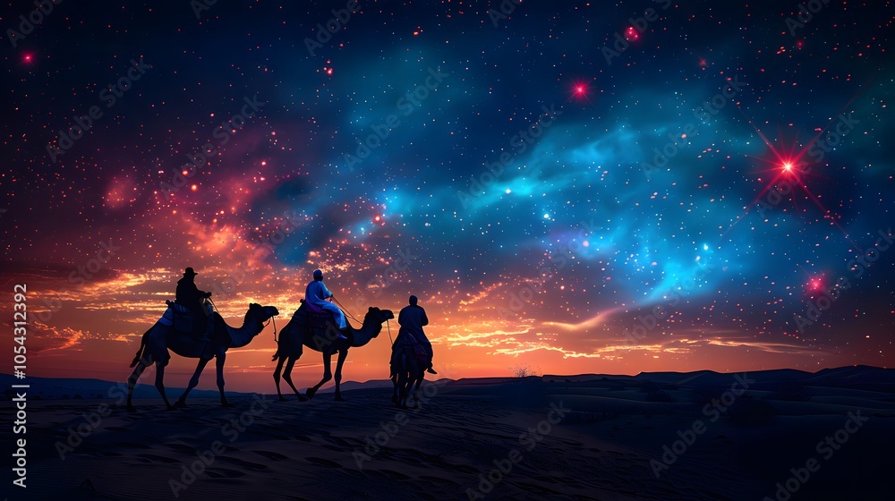 Fototapeta premium Three wise men on camels silhouetted against a glowing sky, approaching the birthplace of baby Jesus in Bethlehem