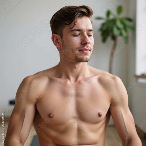 Young man meditating post-workout at home eveningmorning routine photo