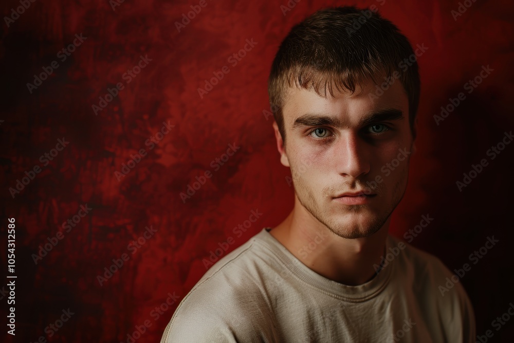Fototapeta premium Focused Young Man with Intense Expression Against Red Background for Ambition Themes