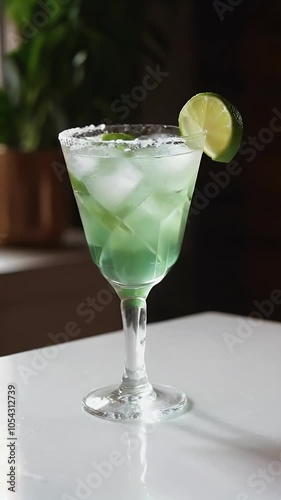 Refreshing green margarita served with lime on a sunny afternoon in a cozy bar