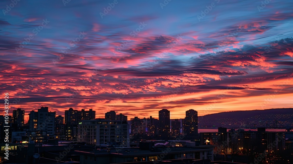 Obraz premium City skyline at sunset, with buildings silhouetted against a glowing sky.
