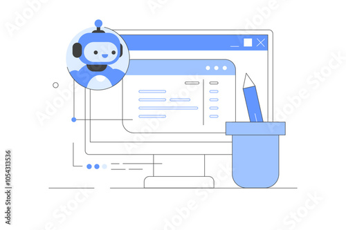 Artificial intelligence. Computer Screen, Using AI chat bot for writing programming code. Neural network technology concept. Vector Illustration, icon. Stylish, Minimalist line, abstract