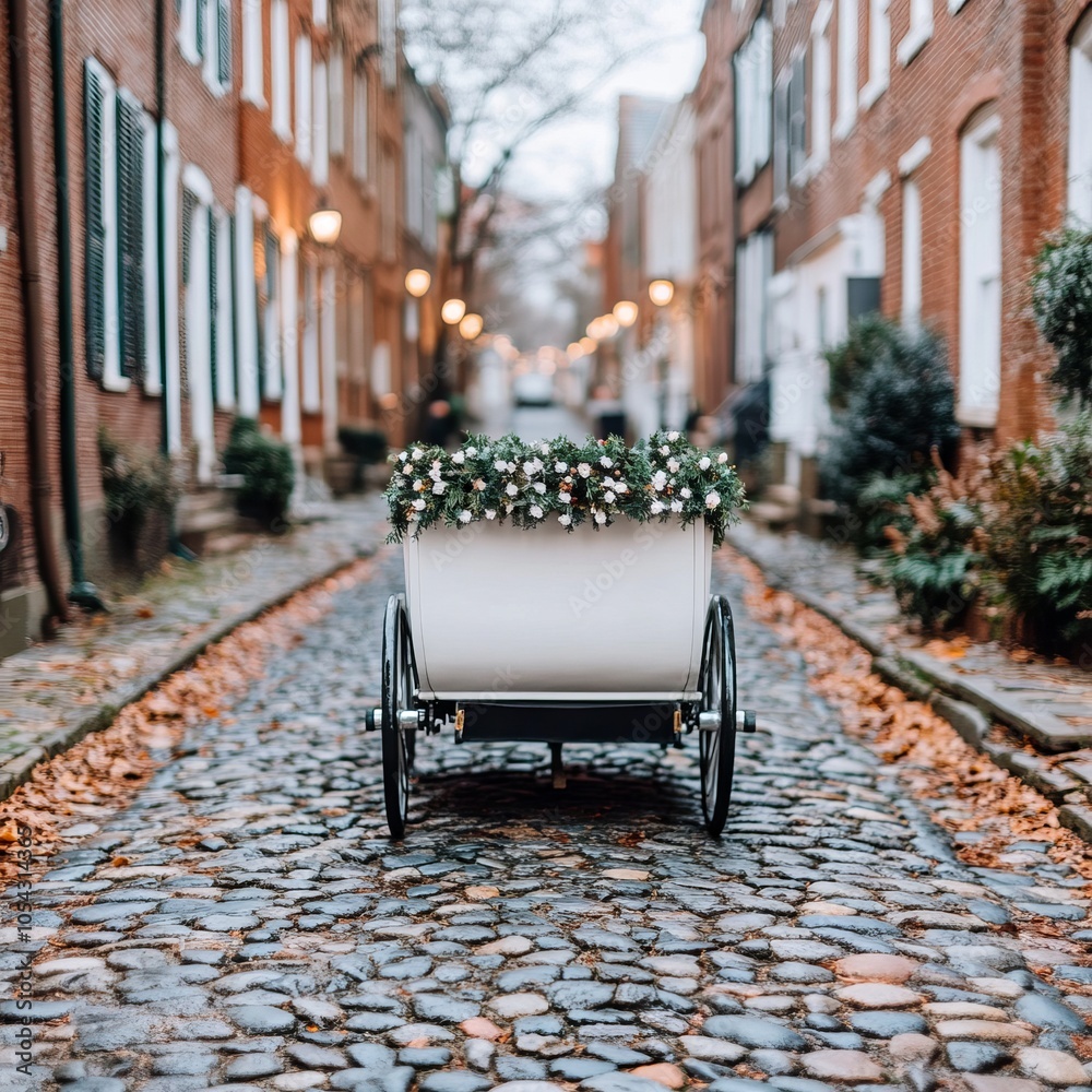 Fototapeta premium A charming cobblestone street with a decorative cart in a quaint neighborhood.