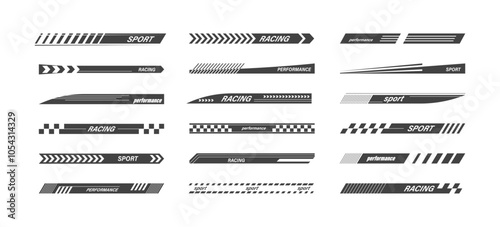 Different Black Sports Racing Stripes Set Car, Moto or Boat Stickers. Vector illustration of Tuning Racing Sport Decals