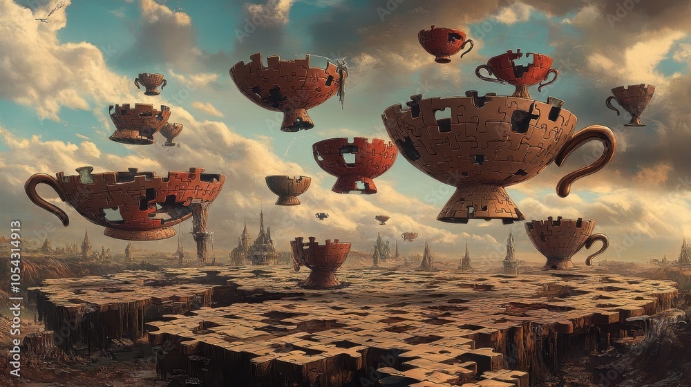 Naklejka premium Puzzle-Piece Cups in a Surreal Landscape