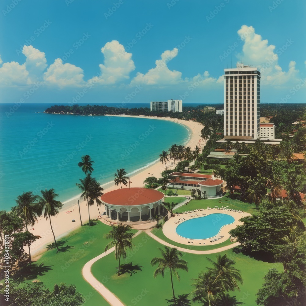 Fototapeta premium Aerial view of a tropical beach resort with a pool and palm trees.