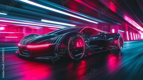 Futuristic hypercar in underground tunnel, cyber punk themed wallpaper. photo