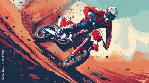 Rendering of a motocross rider catching air flat design front view dirt track excitement theme cartoon drawing Analogous Color Scheme photo