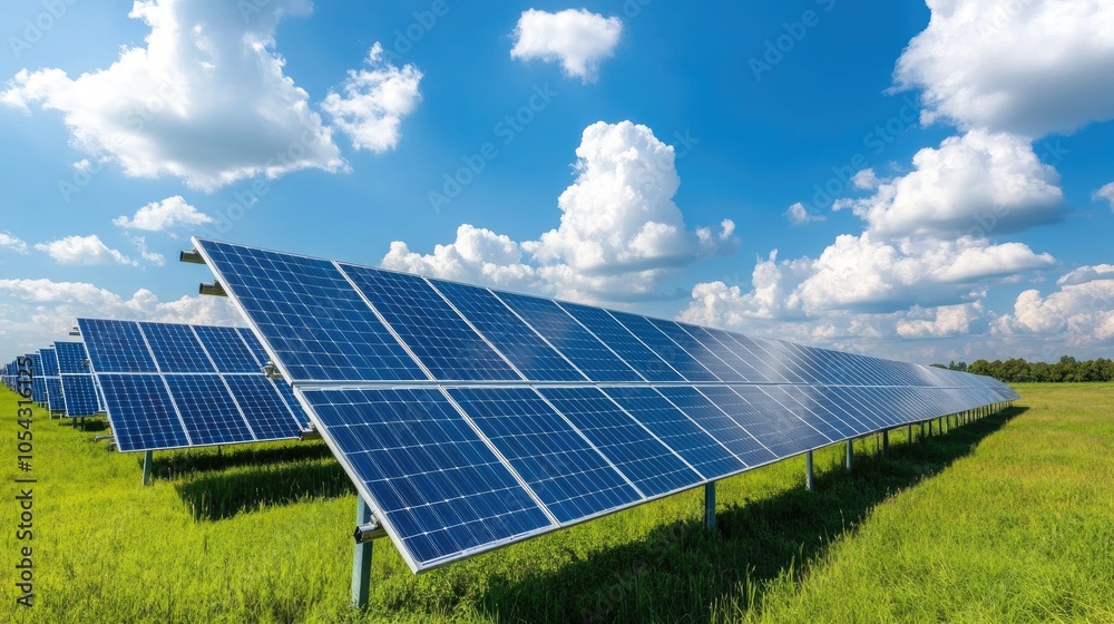 A bright sunny day showcases solar panels in a green field, highlighting renewable energy and sustainable technology.