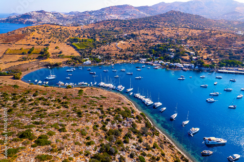 Aerial view of Gumusluk, Bodrum. Mugla, Turkey. Gumusluk Bay (Myndos) panoramic view. Drone shot. photo