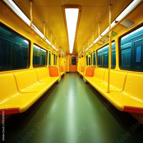 A bright yellow subway car interior with empty seats, showcasing a modern and clean transportation environment. photo