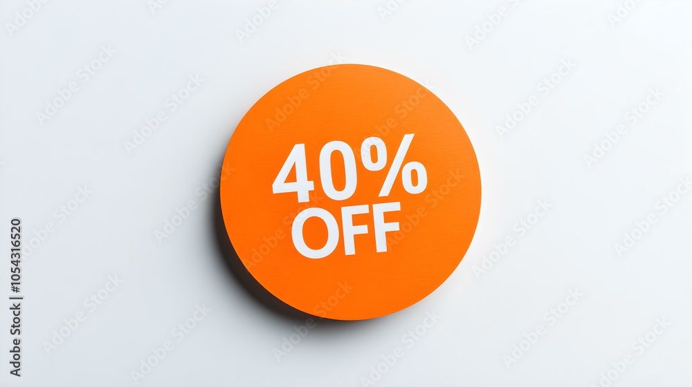 White '40% OFF' Text on a Light Orange Round Paper Note. White Background with Copy Space White '40% OFF' Text on a Light Orange Round Paper Note. White Background with Copy Space
