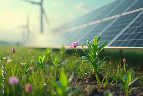 solar panels and wind turbine farm