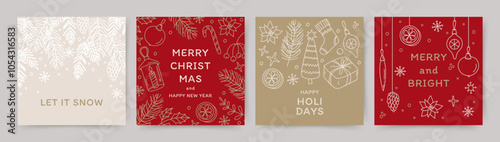Merry Christmas and Happy New Year Set of greeting card, poster, cover. Winter holidays banner templates with hand drawn cute doodle style design elements. Vector for ads, print, social media post