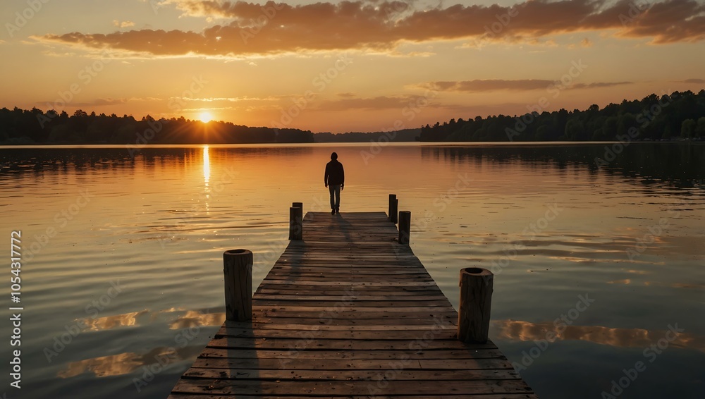 Naklejka premium A person enjoying solitude on a wooden pier at sunset, reflecting warm colors in the lake.