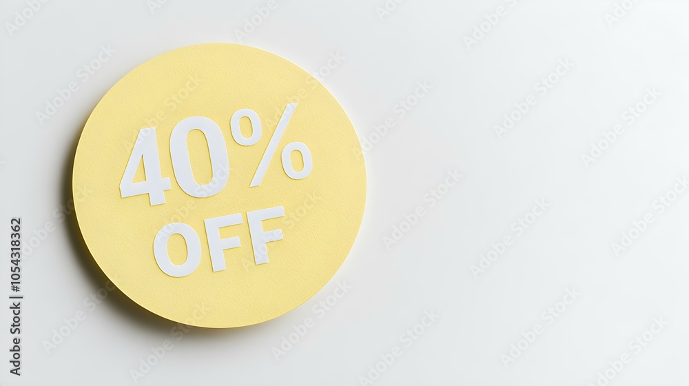 White '40% OFF' Text on a Light Yellow Round Paper Note. White Background with Copy Space White '40% OFF' Text on a Light Yellow Round Paper Note. White Background with Copy Space