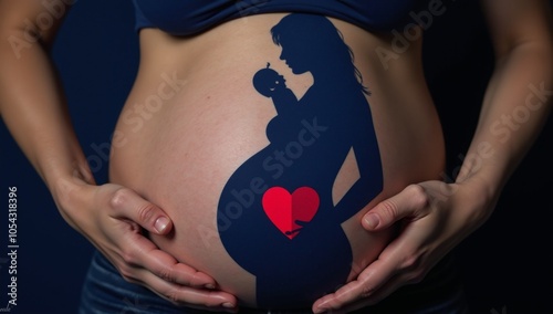 Wallpaper Mural A pregnant woman holds her glowing eclipsed-style belly with beats of her and babys hearts depicted as subtly glowing red against a dark blue background Torontodigital.ca