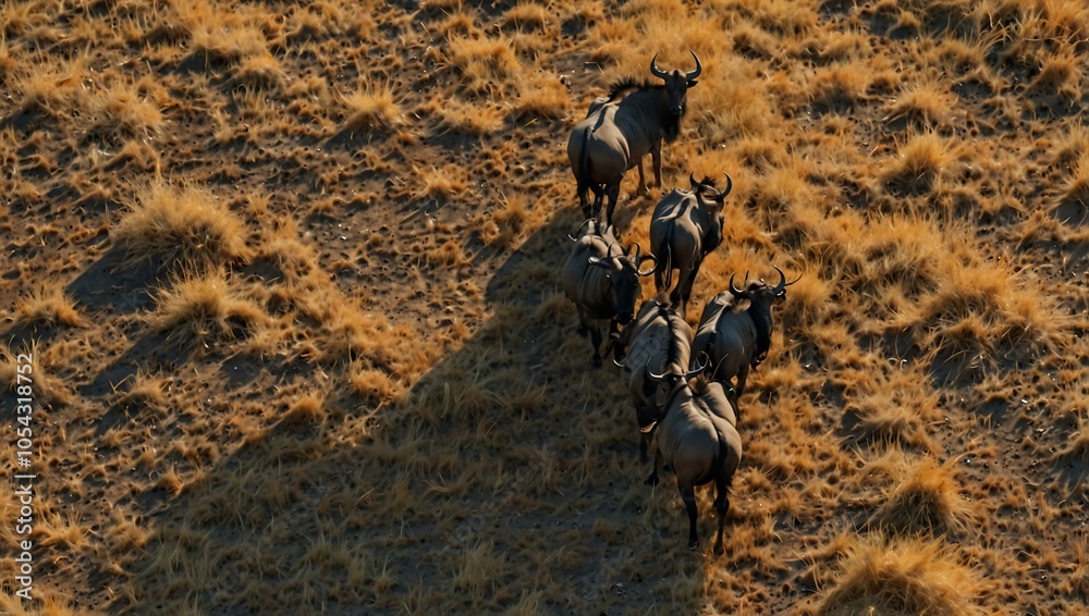 Obraz premium Aerial view of wildebeest babies in the wild.