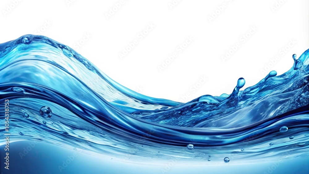 Water splashes and drops isolated on white background with abstract blue wave reflection