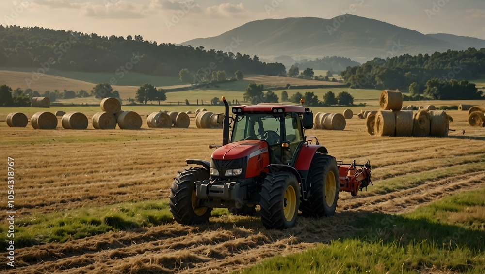 Obraz premium Agricultural machinery and hay bales in a field.