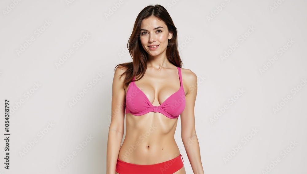 Enchantingly beautiful woman radiating appeal in a pink bra and red panties against pristine white backdrop Enchantingly beautiful woman radiating appeal in a pink bra and red panties against pristine white backdrop