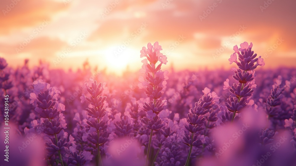 Fototapeta premium Soft Lavender Field at Sunrise with Gentle Morning Light Perfect for Landscape and Nature Enthusiasts